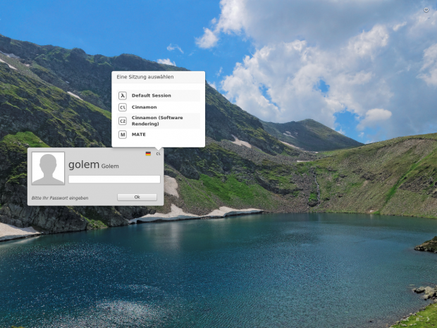 Der Anmeldebildschirm von Linux Mint mit beiden installierten Desktops (Screenshot: Golem.de)